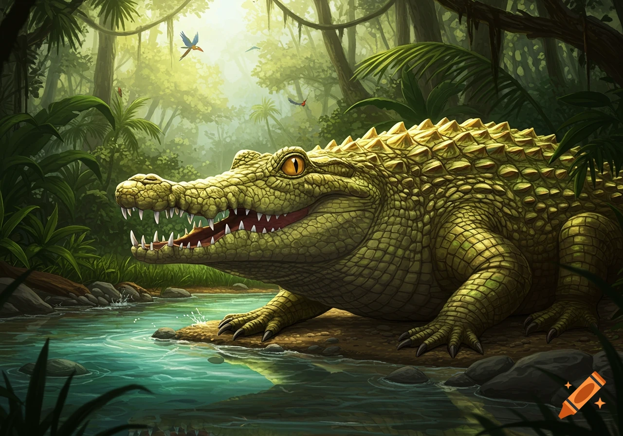 A green crocodile with its mouth open crouches by a river in a sunlit jungle, digital illustration.