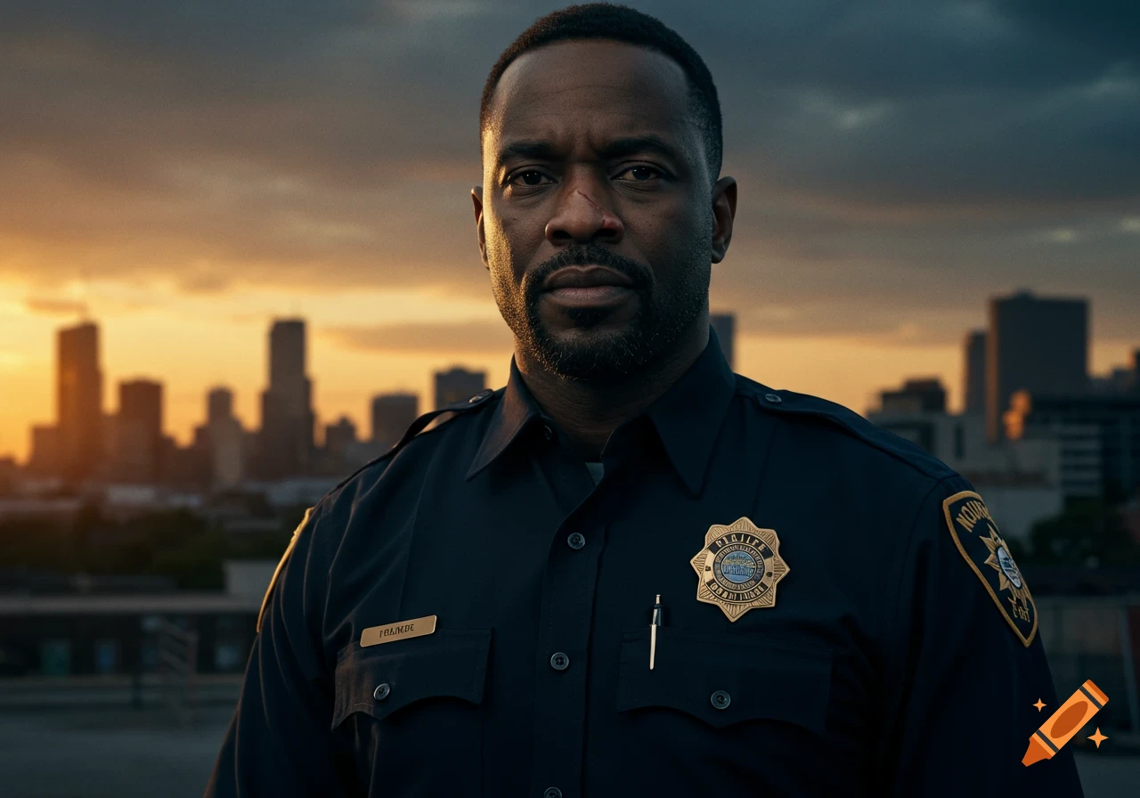 Photorealistic portrait of a serious Black policeman with a scar on his nose, standing against a city skyline at sunset.