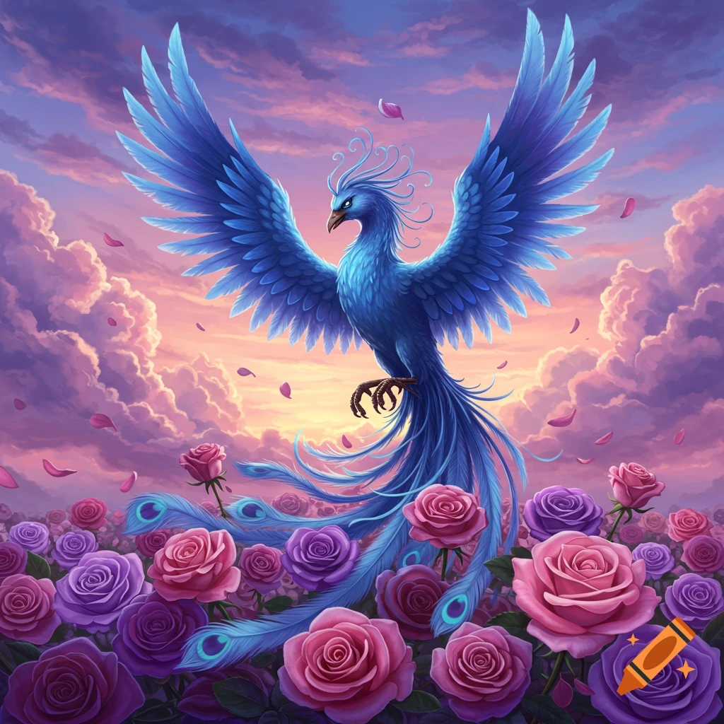 A majestic blue phoenix with large wings and peacock-like tail feathers rises from a field of pink and purple roses under a pastel sunset sky.