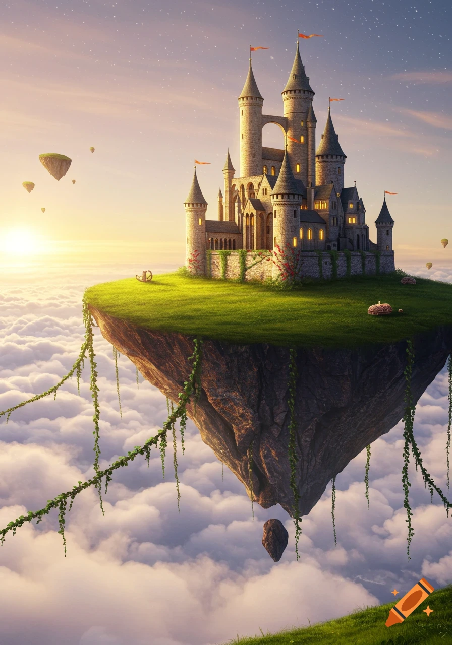 A majestic castle on a green floating island, suspended above clouds at sunset in a fantasy style.