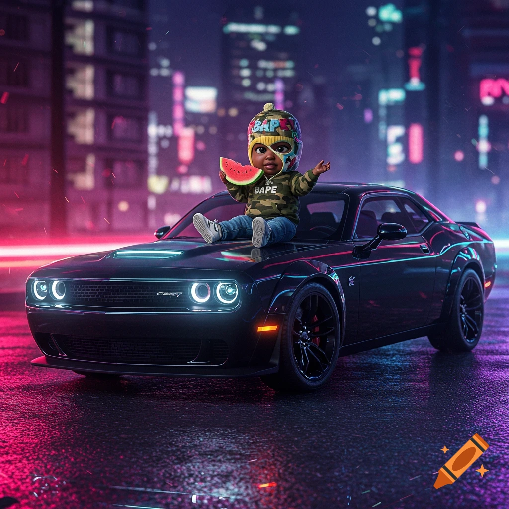 A stylized baby in a ski mask and BAPE hoodie sits on a black Dodge Challenger, holding a watermelon, against a neon city backdrop.