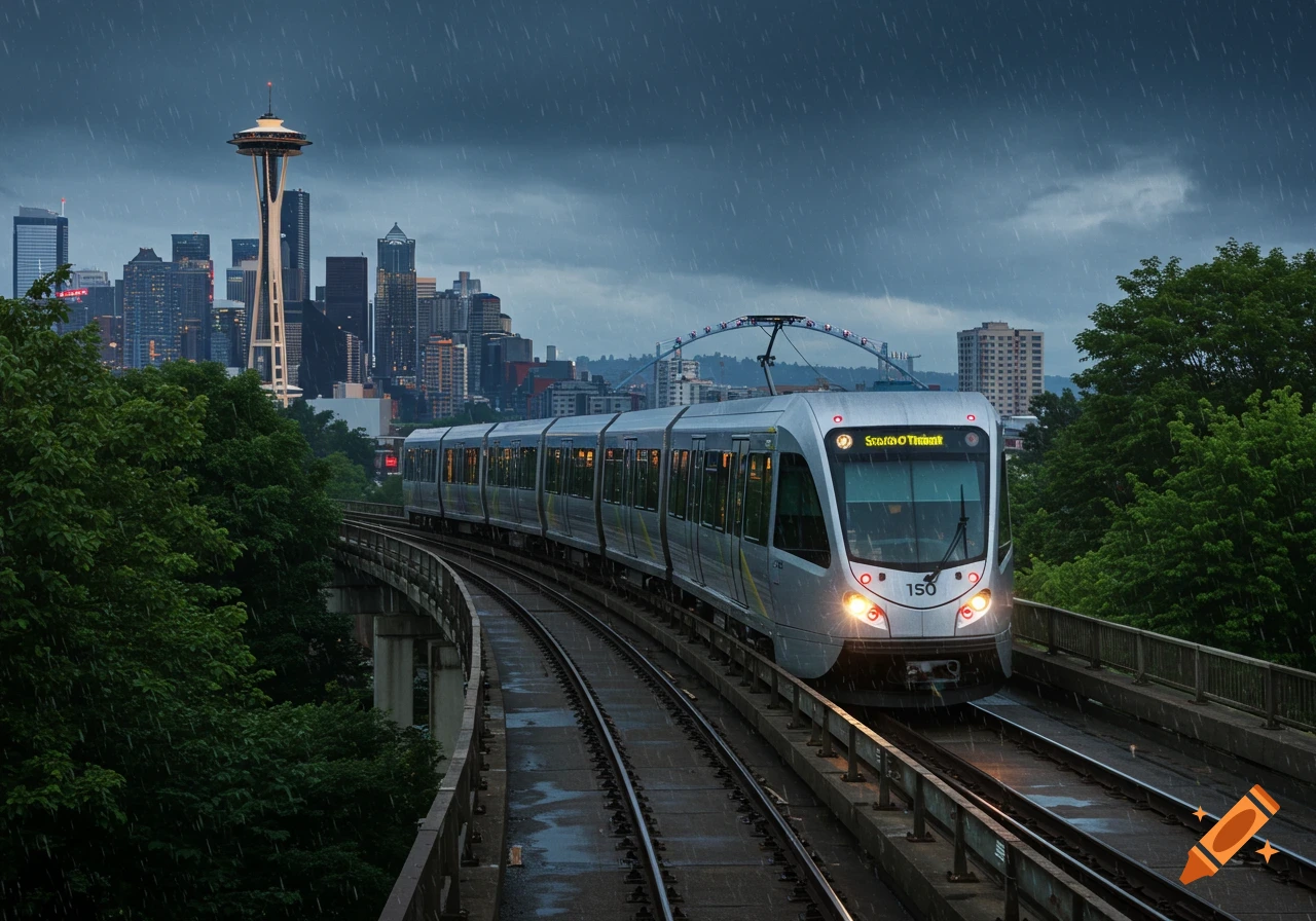 A Seattle Sound Transit train on an elevated track in the rain, with the city skyline and Space Needle in the background.