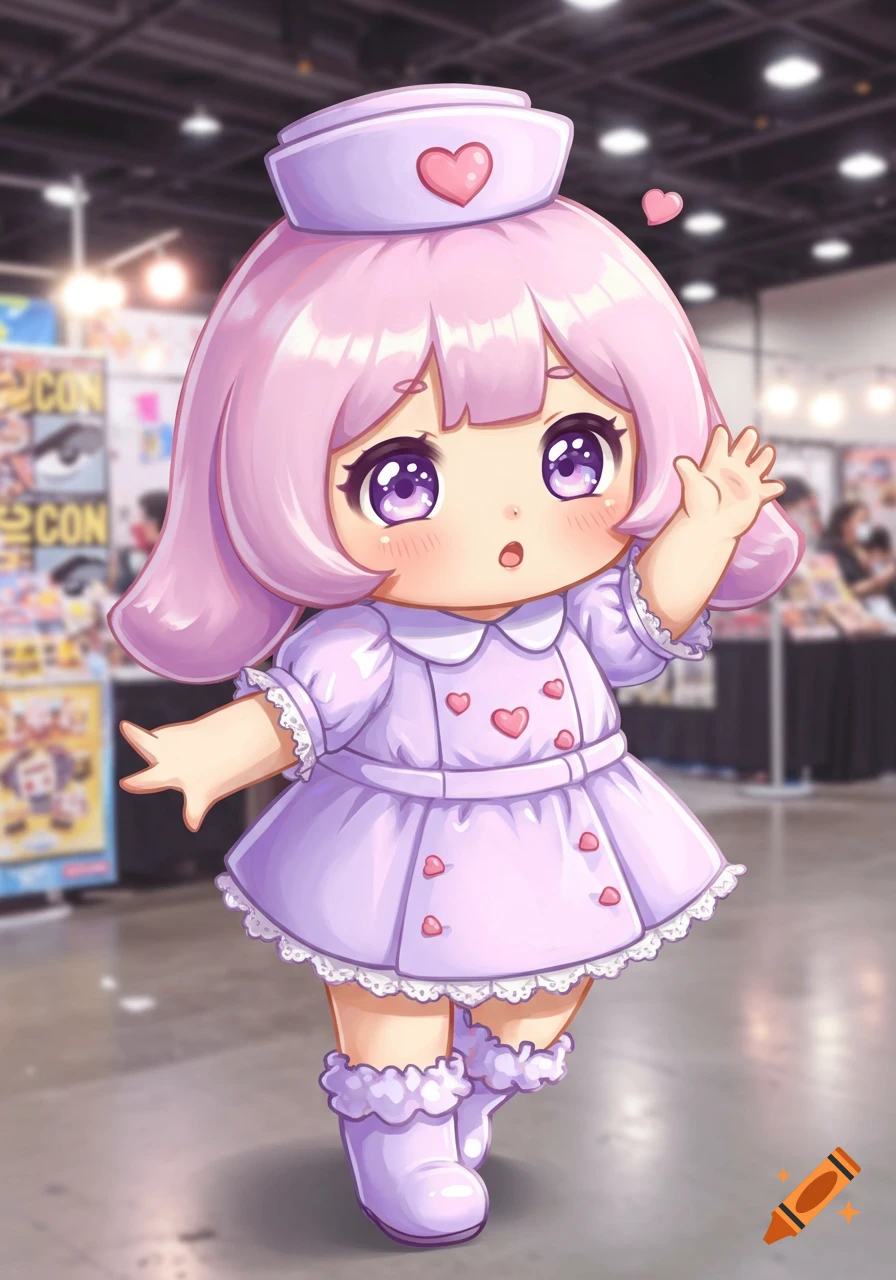 A cute chibi-style character with pink hair and a light purple nurse dress with hearts, standing in a blurred comic con background.