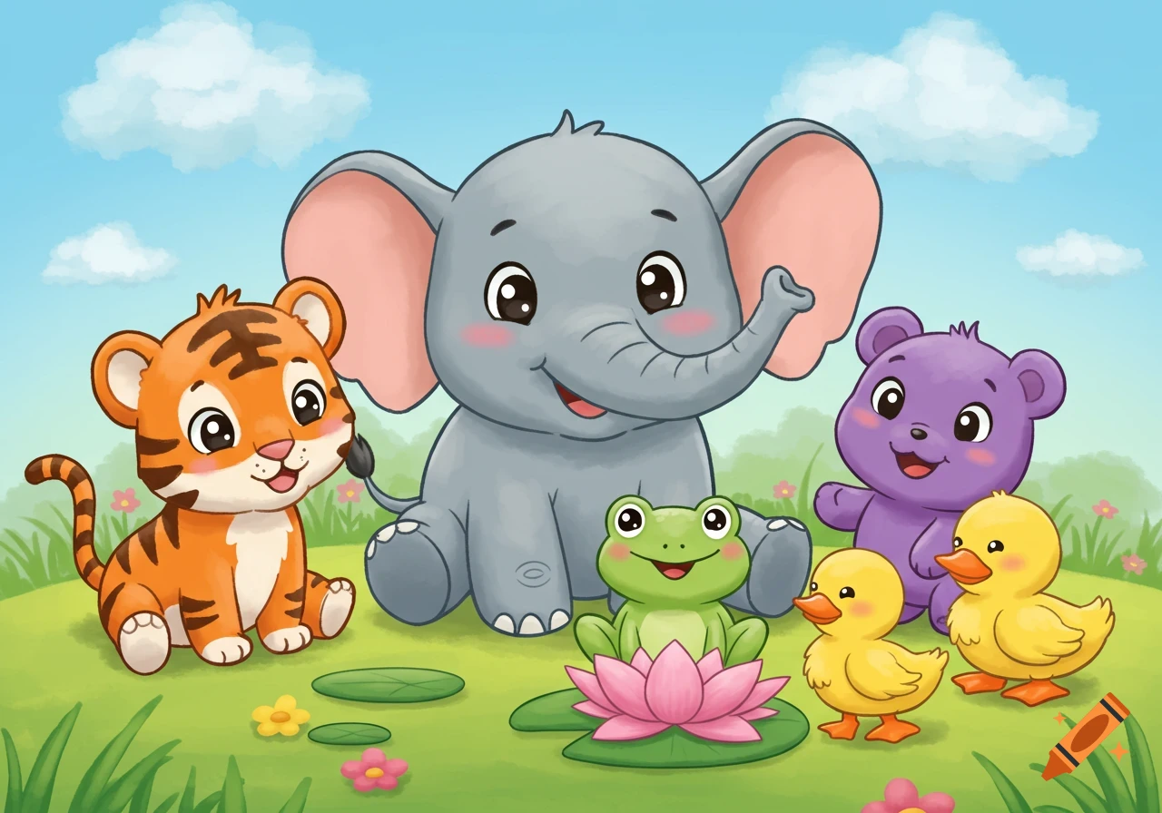 Cute cartoon baby animals: a tiger, elephant, frog, purple bear, and two ducklings in a grassy field with flowers and lily pads.