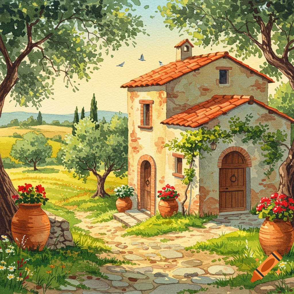 Watercolor painting of a stone house with a red-tiled roof, surrounded by trees, green fields, and potted red flowers.