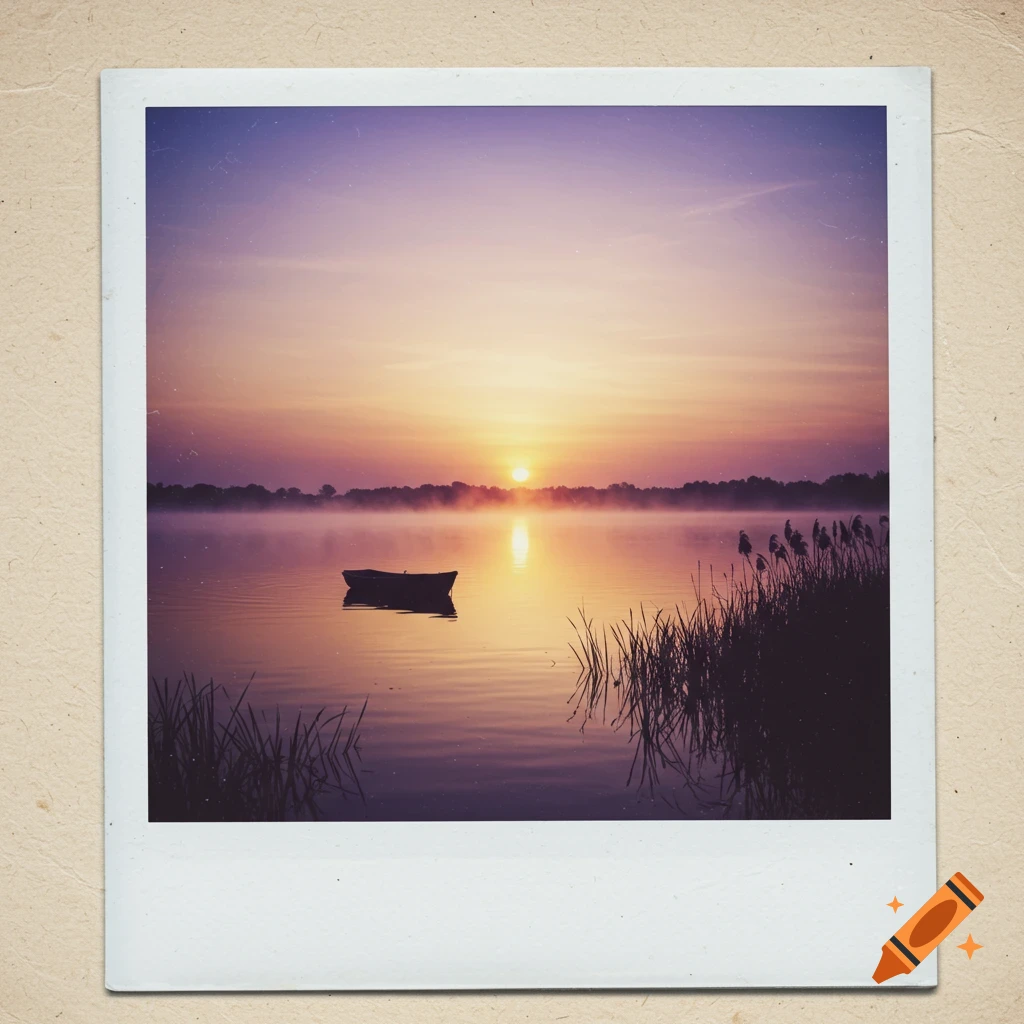 A tranquil sunset over a calm lake, with a single boat silhouetted against the horizon, captured in a vintage polaroid photo.