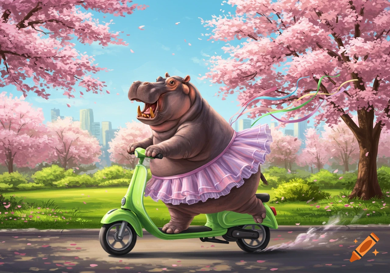 A cartoon hippo in a pink tutu rides a green scooter through a park with pink cherry blossom trees and a city skyline.