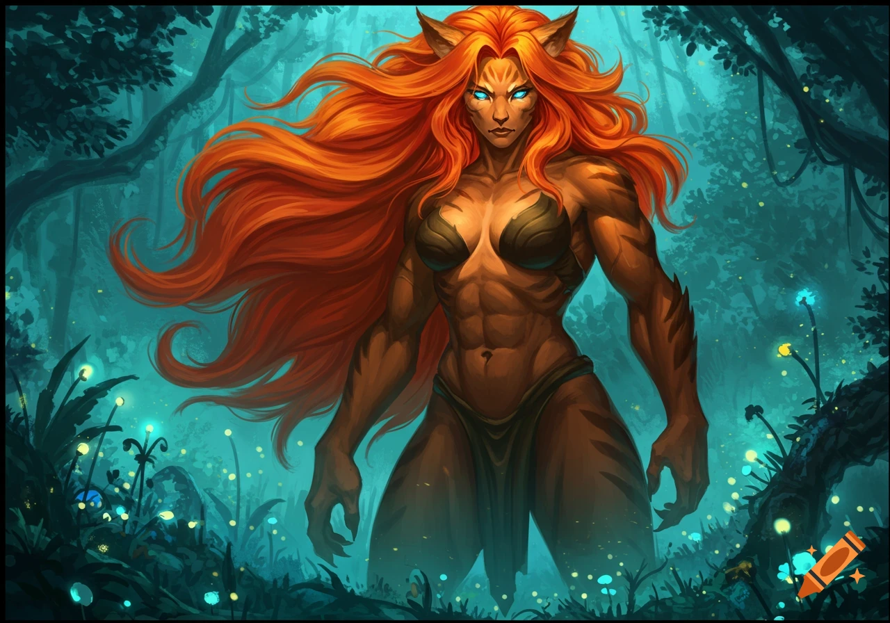 A muscular, feline-like woman with long orange hair and glowing blue eyes stands in a lush, bioluminescent jungle, digital art.