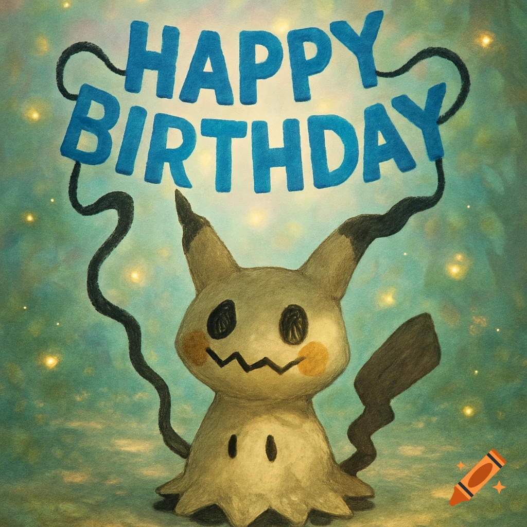 A painterly cartoon Mimikyu holding a blue 'HAPPY BIRTHDAY' banner on a sparkly teal background.