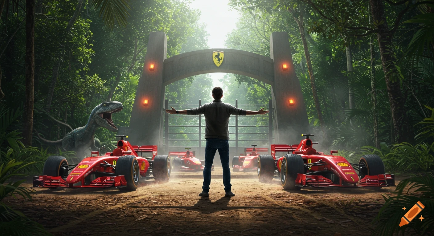 Man with outstretched arms stands between red Ferrari F1 cars and a dinosaur in a lush jungle, beneath a Jurassic Park-style arch.