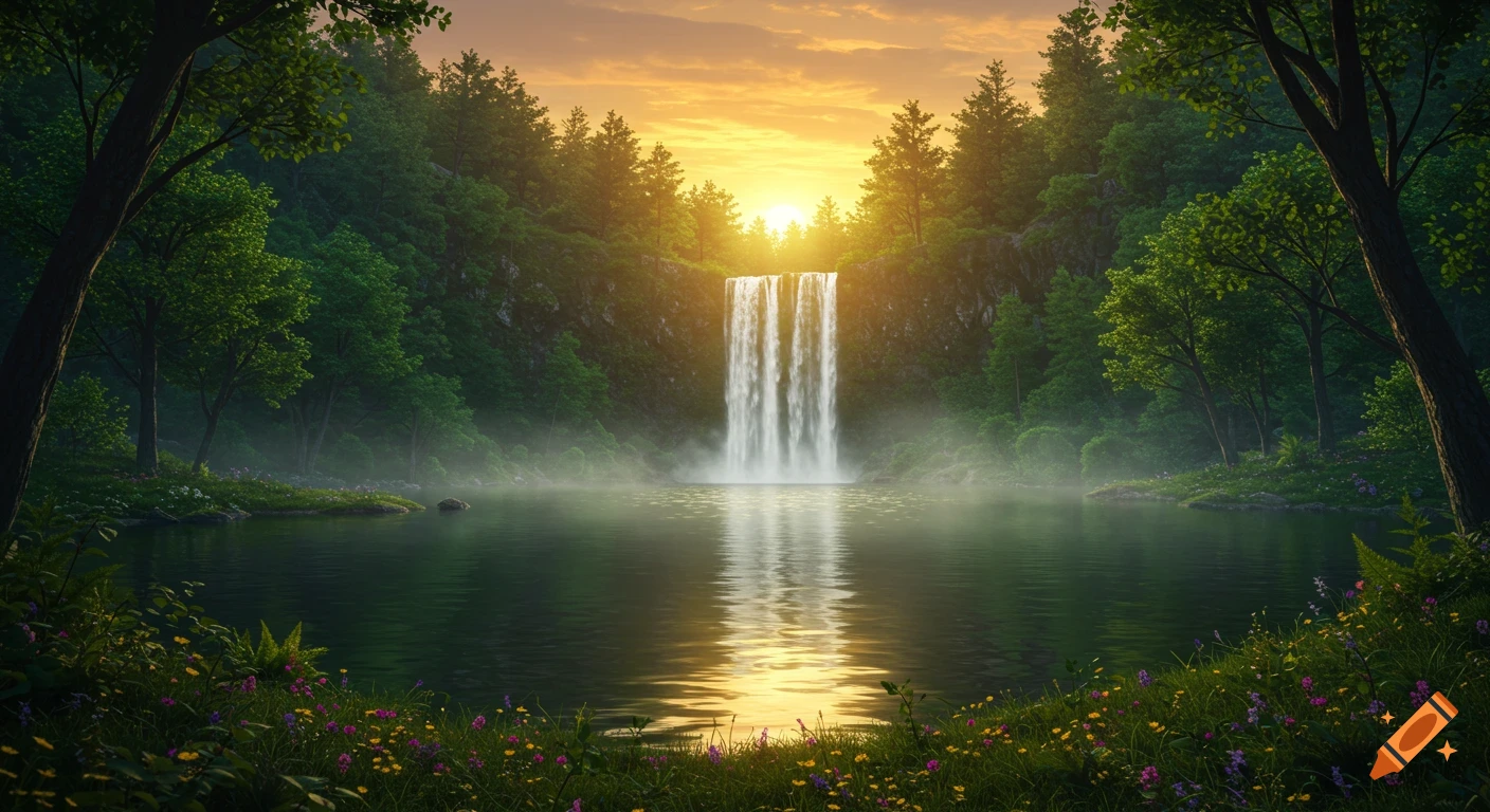 A serene photorealistic landscape with a waterfall plunging into a tranquil lake, surrounded by a lush green forest under a golden sunset.