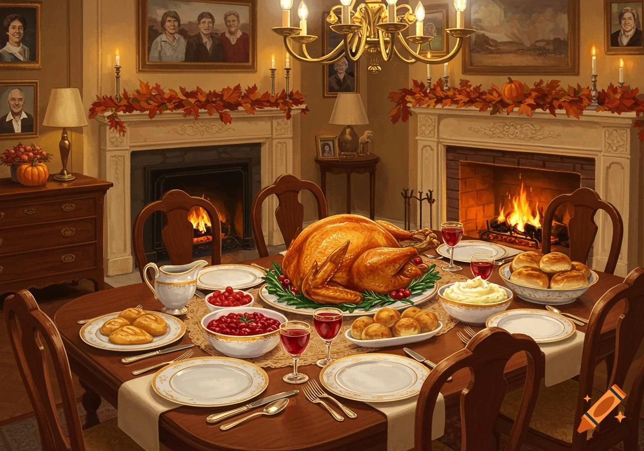 A festive Thanksgiving dinner table with a roasted turkey, side dishes, wine, and place settings in a warm, decorated room.