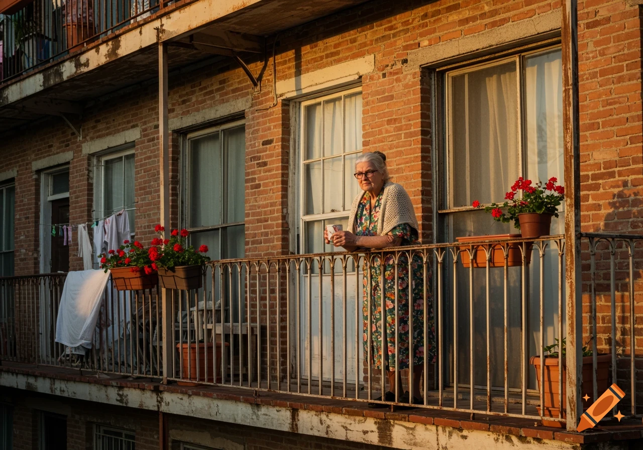 An old woman wearing glasses and a floral dress stands on a brick apartment balcony with flower boxes and laundry, bathed in warm sunlight.