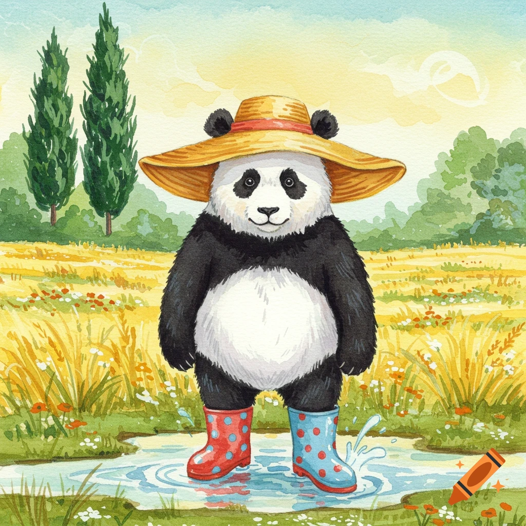 A watercolor illustration of a panda wearing a straw hat and colorful wellington boots, standing in a puddle in a grassy field.