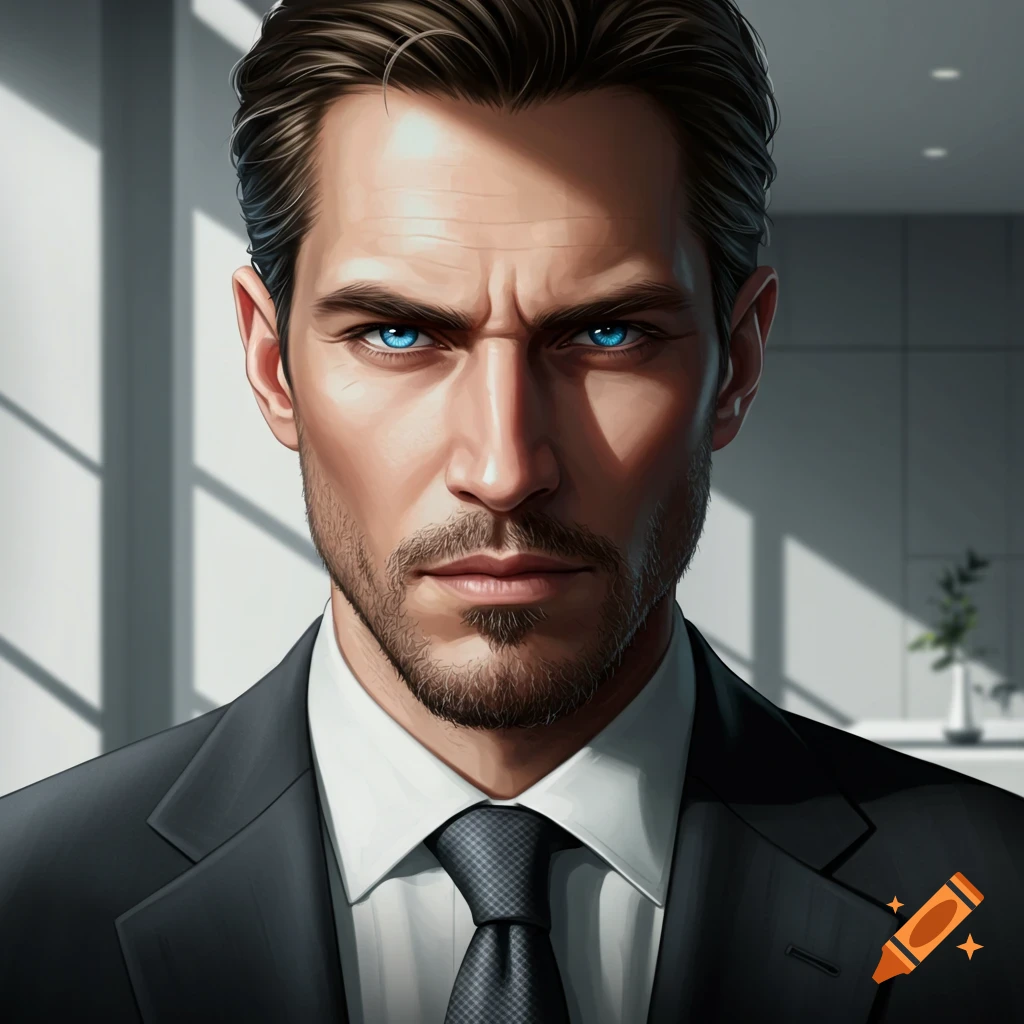 Close-up portrait of a serious man with piercing blue eyes, beard, and dark hair, wearing a suit and tie.