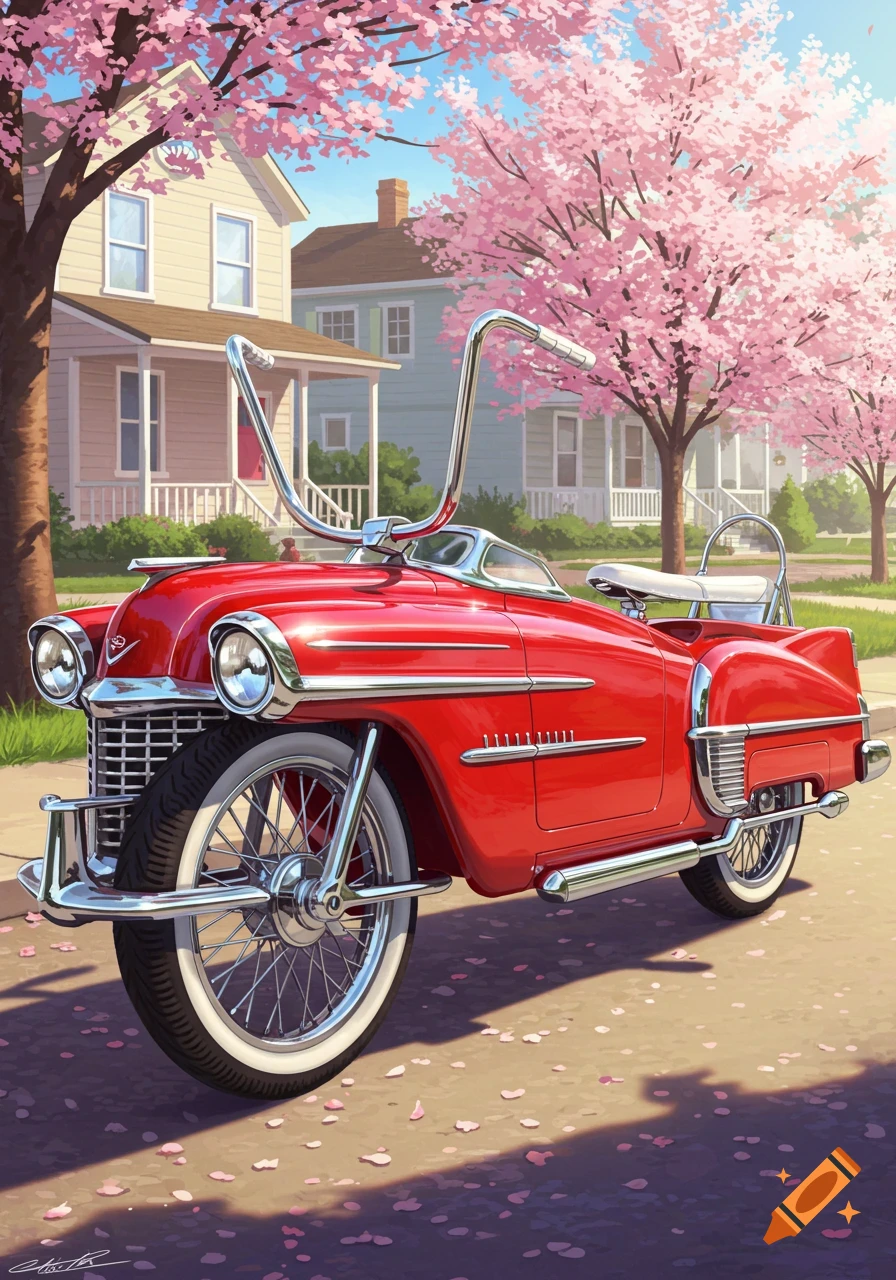 A red custom bike, styled like a 1950s American car, parked on a suburban street with pink cherry blossom trees and fallen petals.