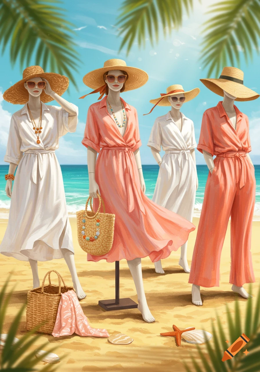 Illustration of four mannequins modeling summer dresses and outfits on a sunny beach with palm leaves and ocean.