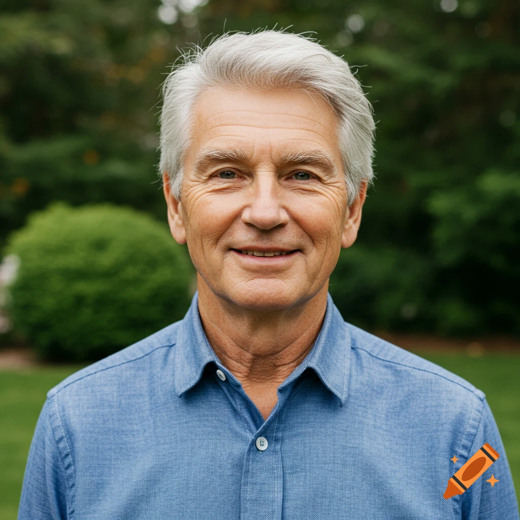 Photorealistic portrait of a smiling mature man with grey hair in a blue shirt, standing outdoors against a blurred green background.