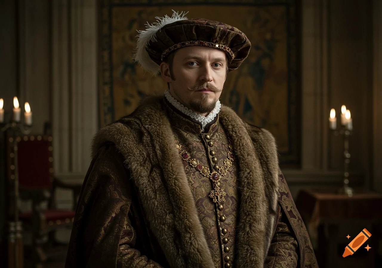 Photorealistic portrait of a man with a mustache and goatee, wearing a fur-lined coat, ornate doublet, feathered hat, and jeweled necklace, in a dark, historical setting.