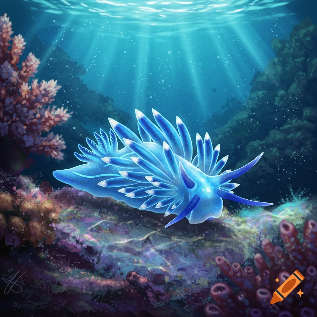 Vibrant blue nudibranch with glowing white-tipped cerata on a colorful coral reef, sunlight filtering through the water. Digital illustration.