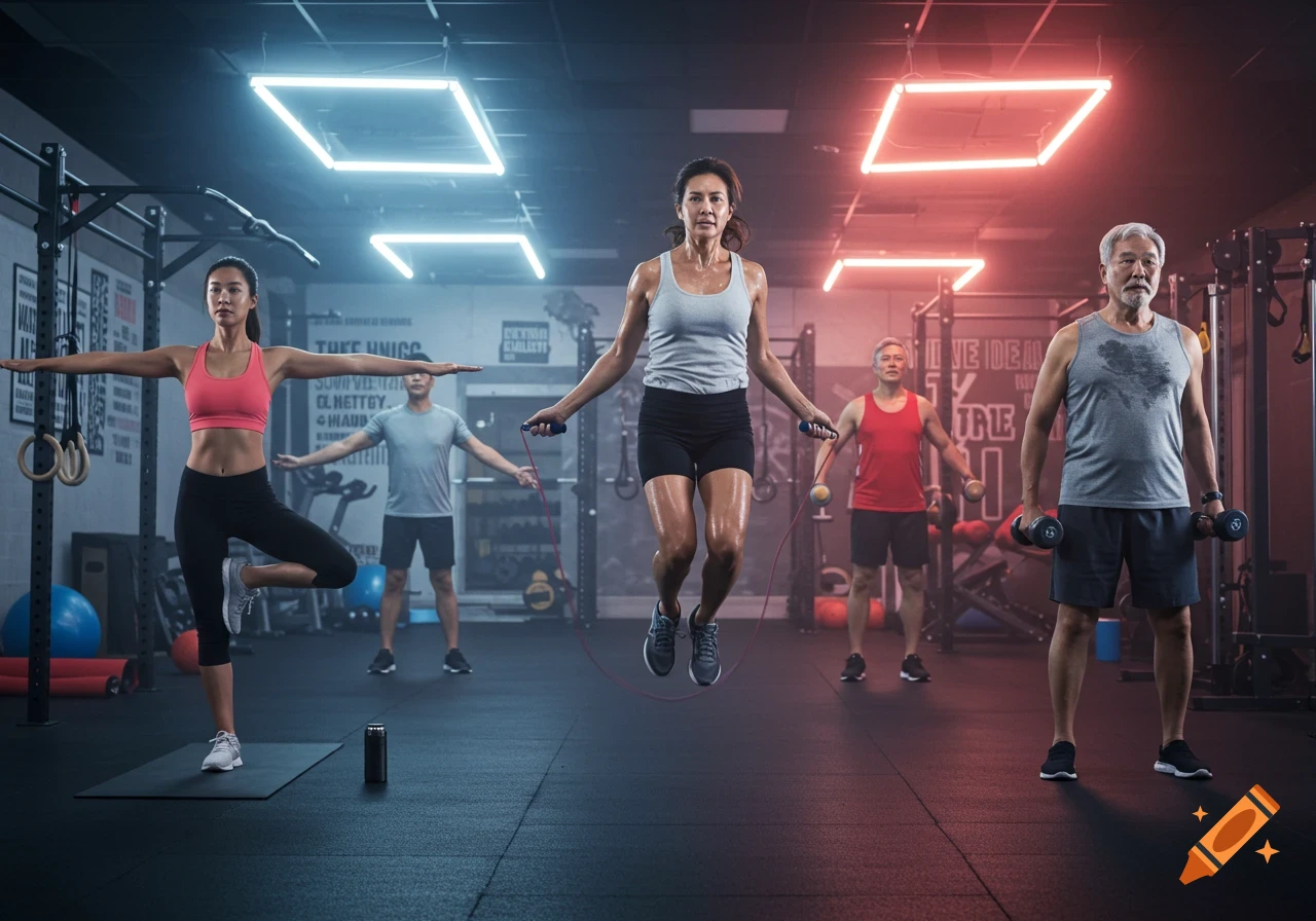 A diverse group of people of various ages exercising in a brightly lit gym, including a woman doing yoga, another skipping rope, and men lifting weights.