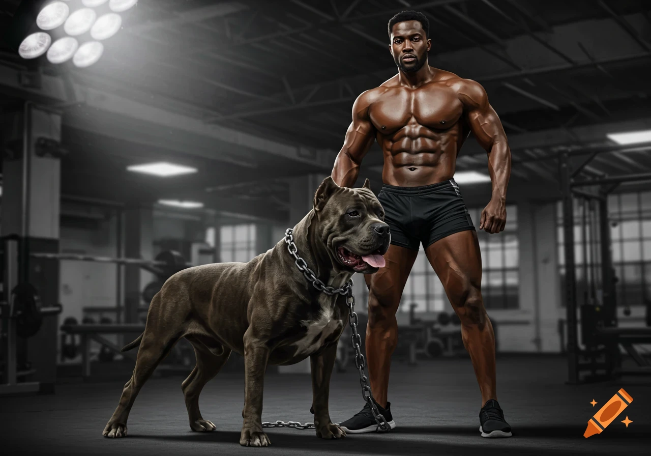 A muscular Black man in black shorts stands beside a large gray Presa Canario dog with a metal chain collar in a dimly lit gym.