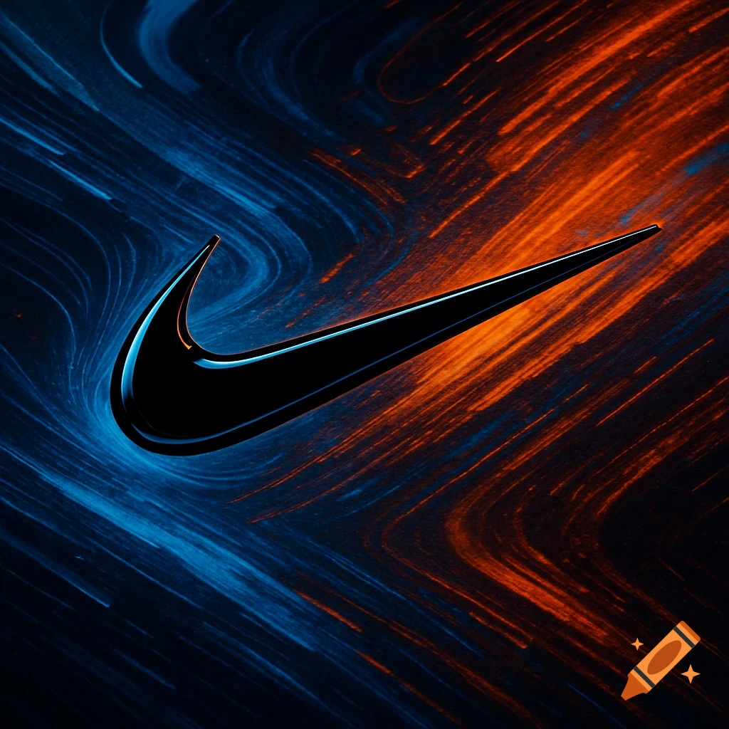 Sleek, black Nike swoosh logo against a vibrant, swirling background of blue and orange light trails.