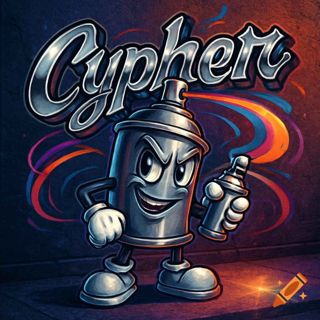 Smiling anthropomorphic spray can mascot holding a small spray can. 'Cypher' in chrome graffiti text, colorful paint streaks on dark background.