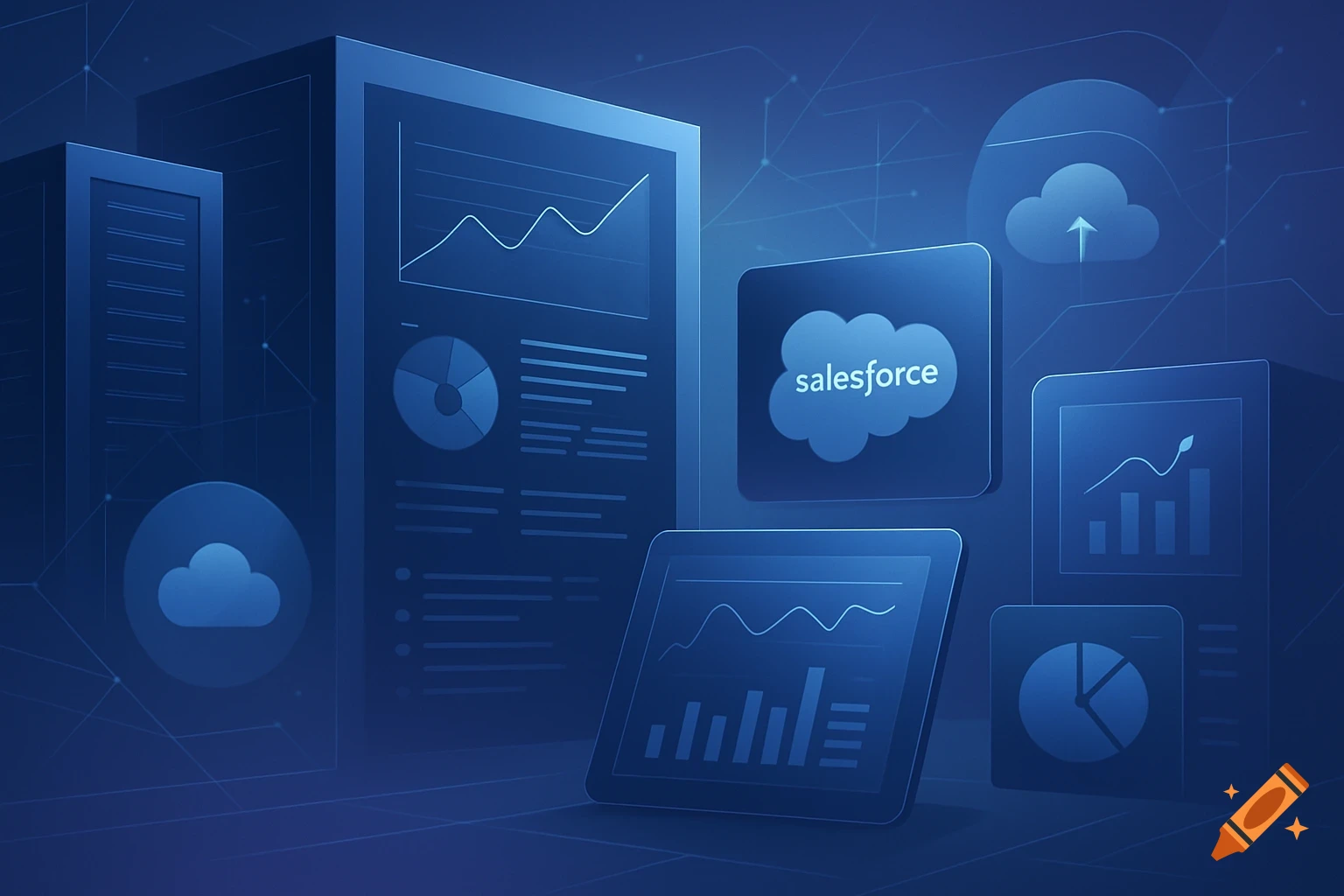 Futuristic digital illustration of blue-toned business management systems with servers, dashboards, Salesforce cloud icons, and tech patterns.