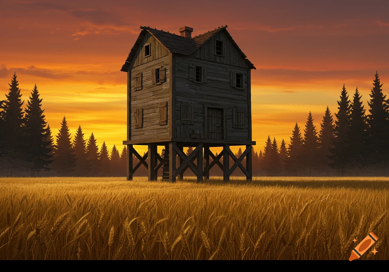 A rustic wooden house on stilts stands in a golden wheat field at sunset, with a dark forest in the background.