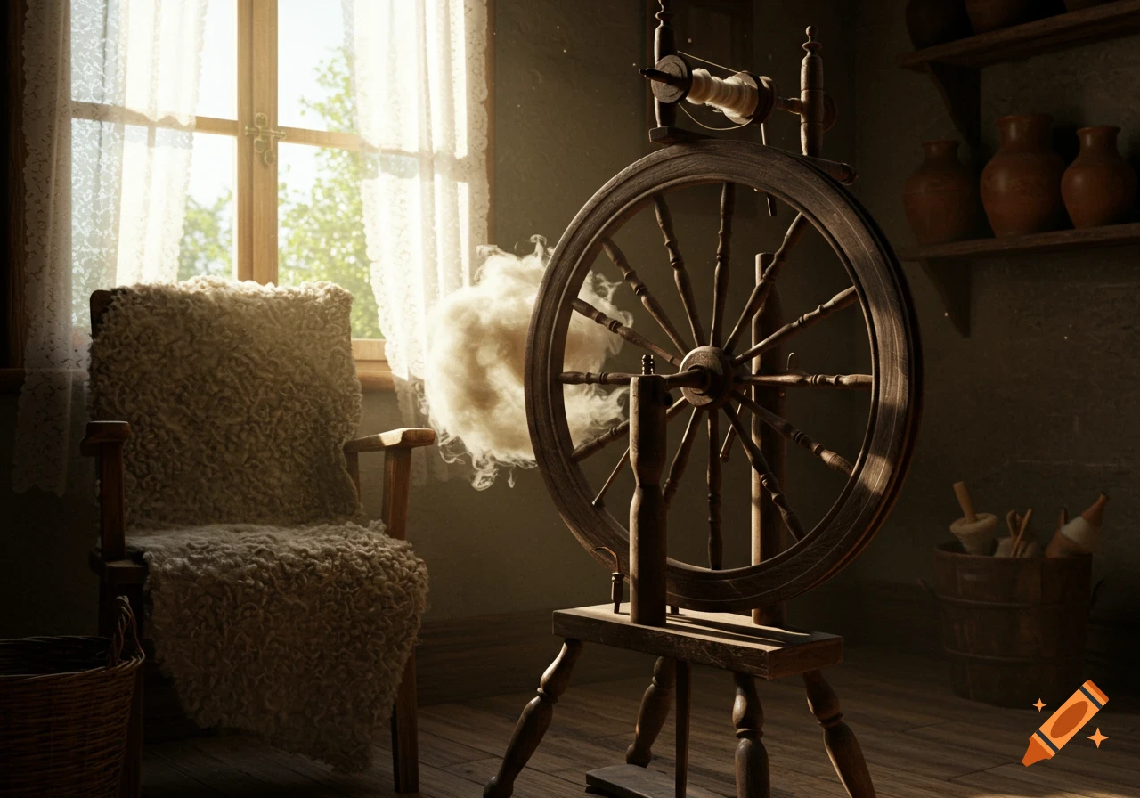 A wooden spinning wheel in a sunlit, rustic room with a sheepskin chair and wool.