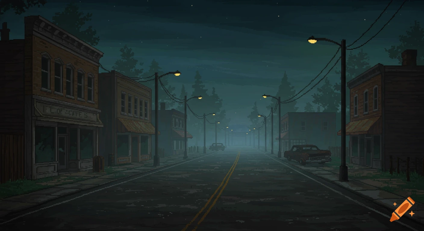 Dark pixel art scene of an abandoned small town street at midnight, with fog, old buildings, streetlights, and parked cars.