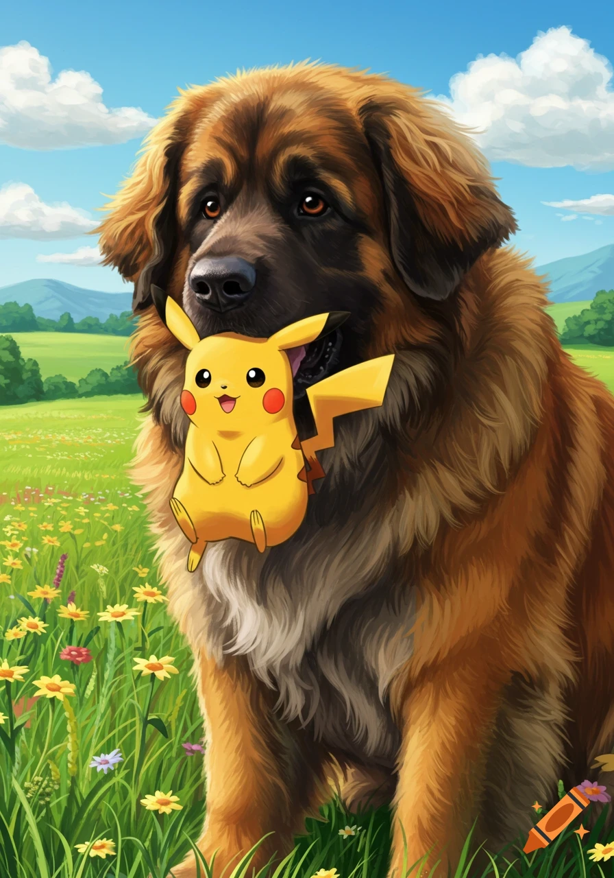 A large fluffy Leonberger dog stands in a grassy field with wildflowers, holding a smiling Pikachu near its mouth.
