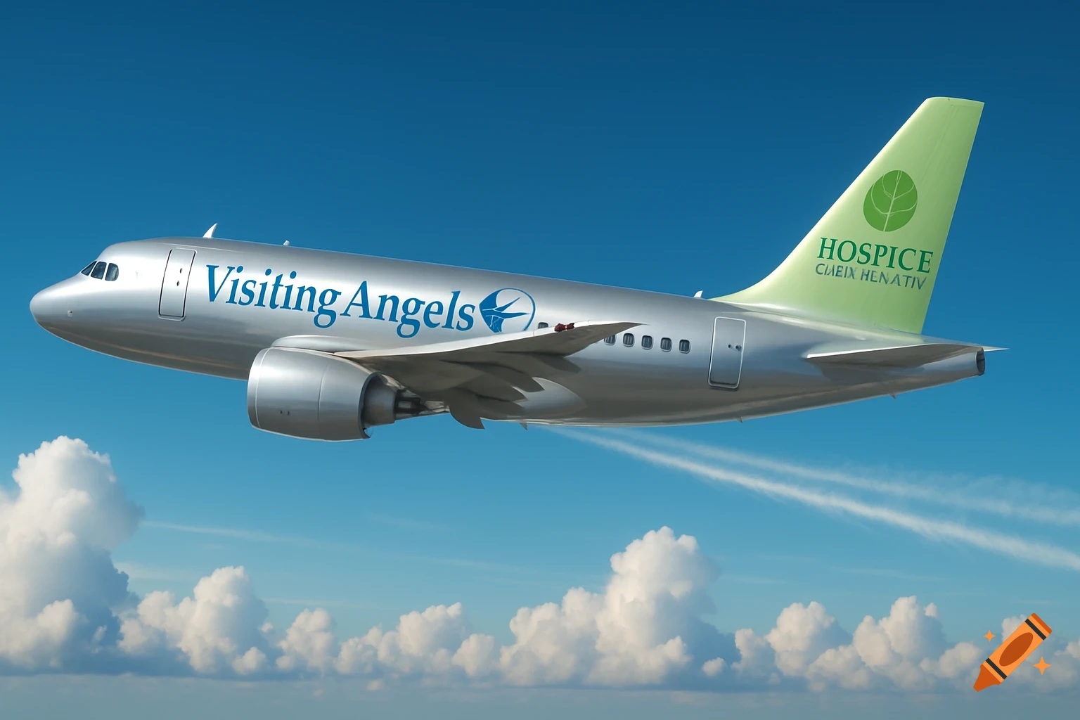 Photorealistic image of a silver airplane with 'Visiting Angels' on its fuselage and a green tail featuring a 'HOSPICE' logo, flying in a blue sky.