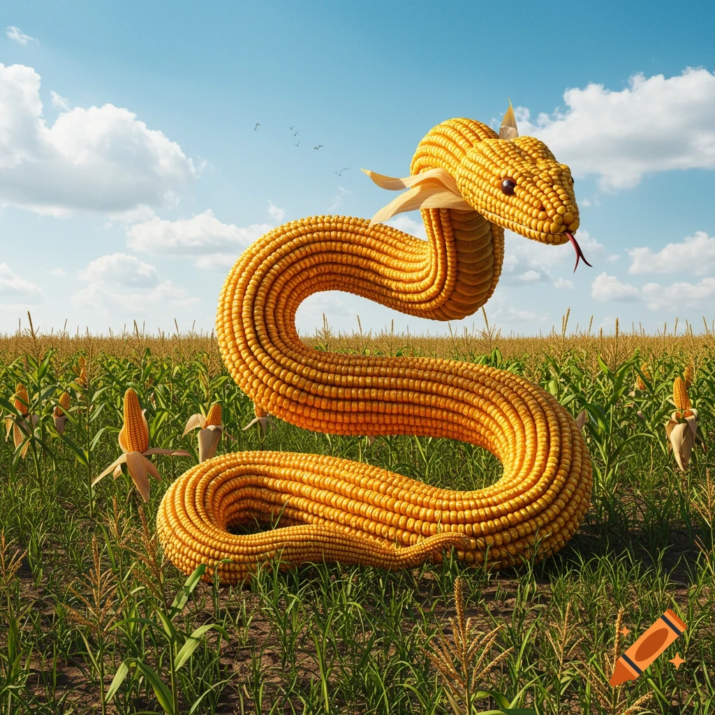 A photorealistic snake made of corn coils in a sunny cornfield under a blue sky.