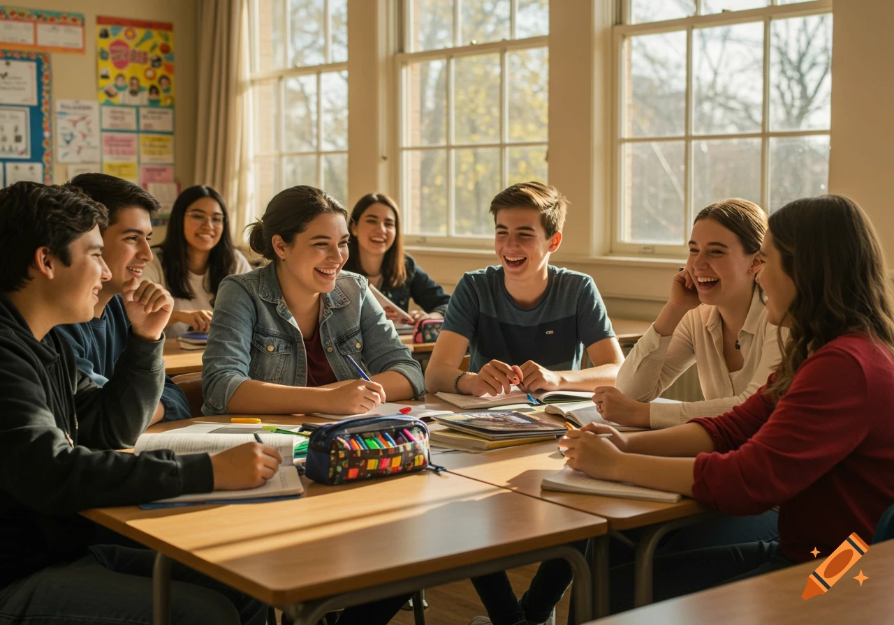 A group of diverse teenagers laugh and interact happily while sitting at desks in a sunny classroom, taking notes.