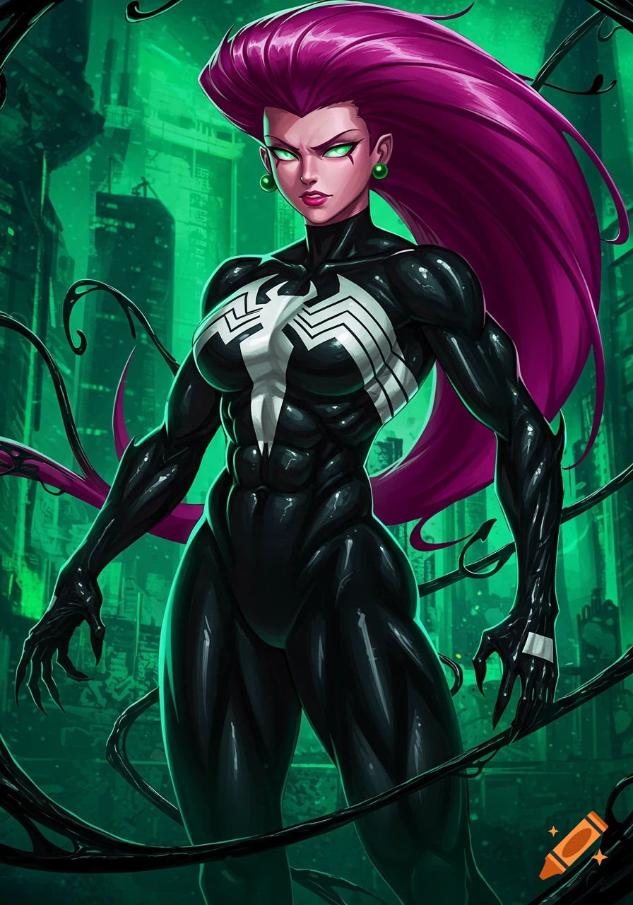 Jessie from Team Rocket as She-Venom, with magenta hair and green eyes, in a black symbiote suit with a white spider emblem, set against a dark green city background.