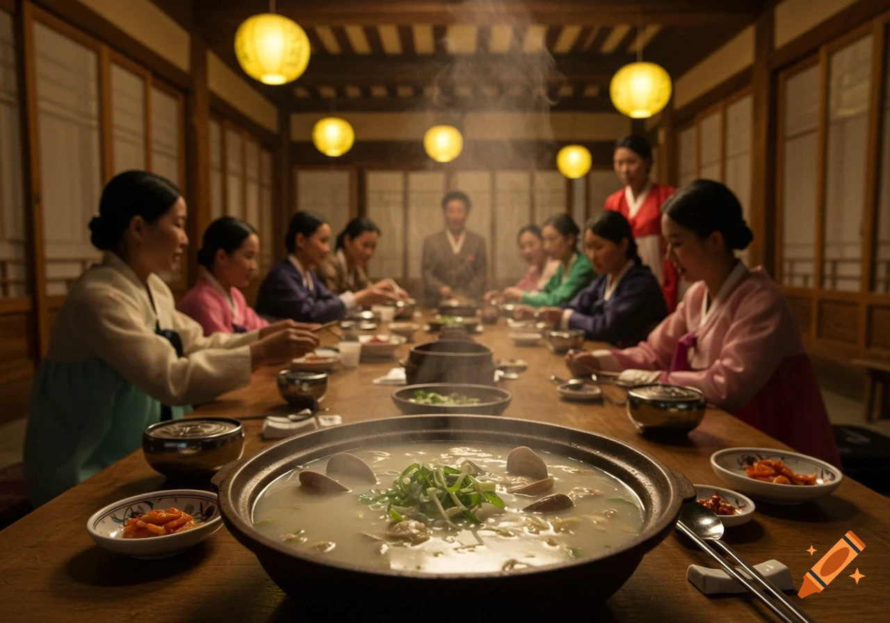 A group of people in traditional Korean clothing gather around a long wooden table, sharing a steaming pot of clam soup and side dishes in a warm, traditionally decorated room.
