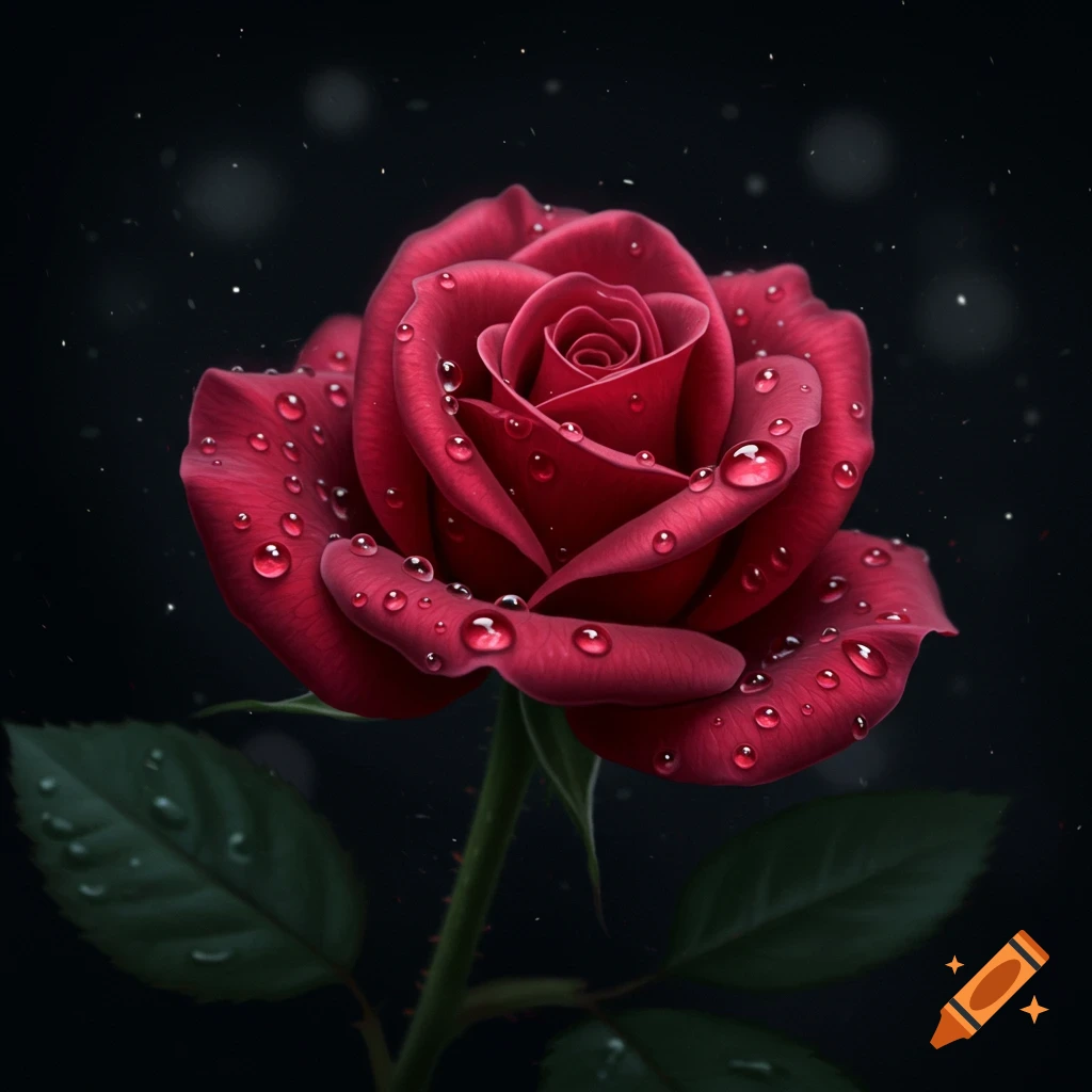 Close-up of a vibrant red rose covered in sparkling water droplets against a dark, moody background, photorealistic style.