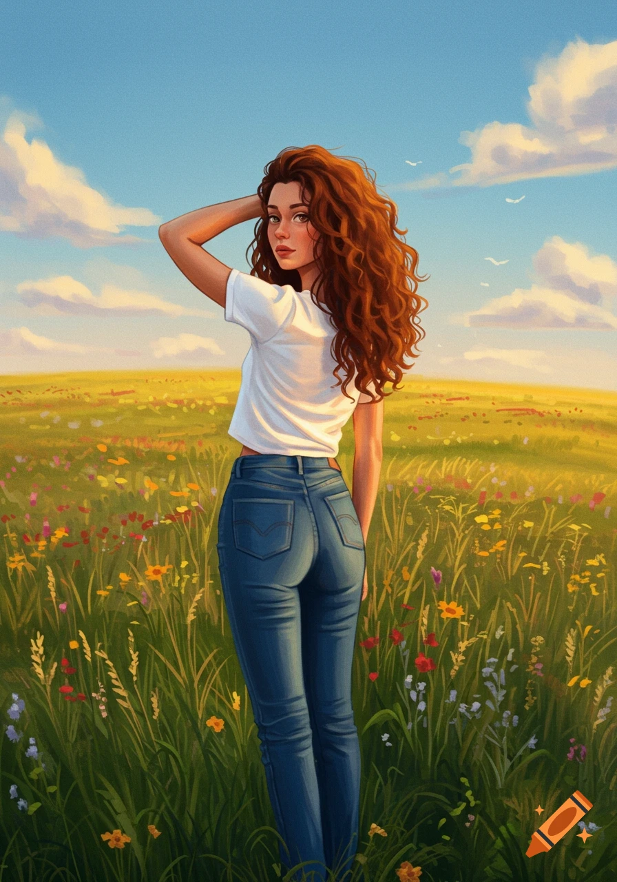 A long-haired woman in a white t-shirt and blue jeans stands in a vibrant, colorful wildflower field under a blue sky, in an illustration style.