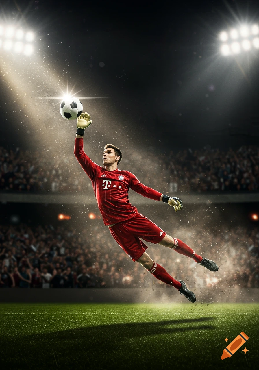 A soccer goalkeeper in a red uniform leaps to save a penalty kick under bright stadium lights, with a cheering crowd in the background.