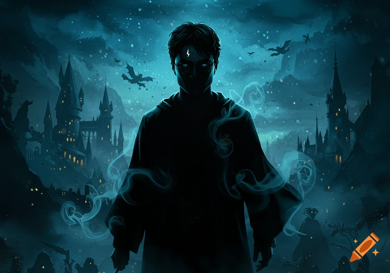 A dark, atmospheric digital painting of a shadowy Harry Potter figure with glowing blue eyes and a lightning bolt scar, before a castle.