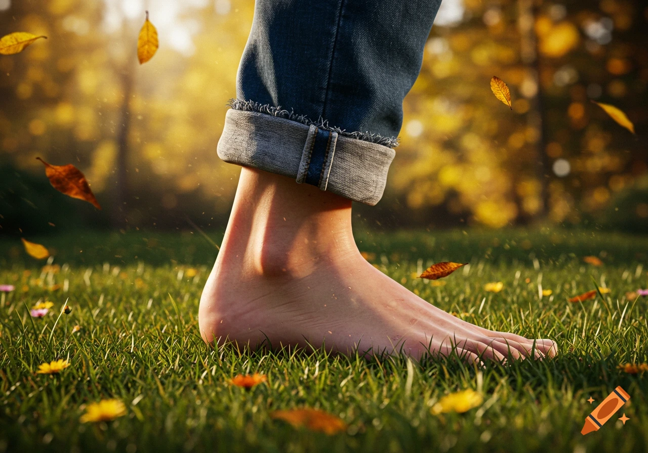 A bare foot in cuffed jeans steps on vibrant green grass amidst falling autumn leaves and golden light.
