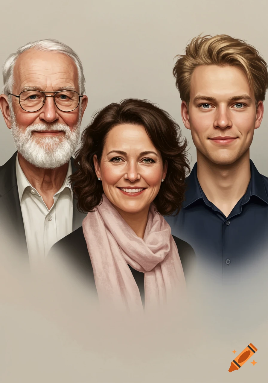 Photorealistic portrait of three smiling people: an older man, a middle-aged woman in a pink scarf, and a young man.