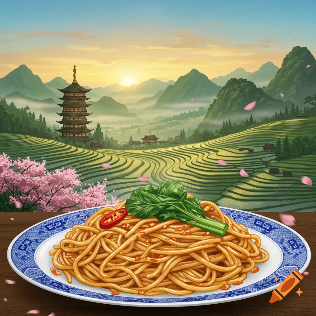 Illustrative Chinese noodles on a plate with bok choy and chili, overlooking a terraced landscape with mountains, pagoda, and cherry blossoms at sunset.