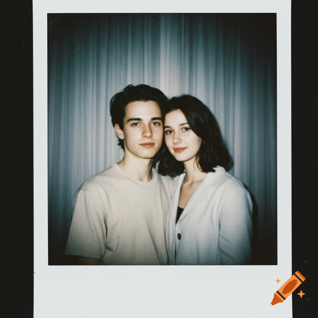 A young man and woman pose closely for a grainy, vintage-style Polaroid photo against a backdrop of white curtains.