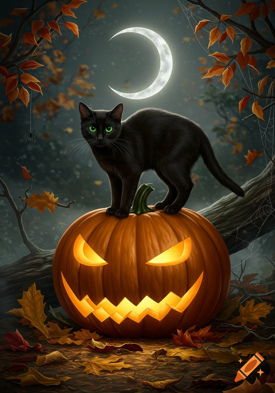 A black cat with green eyes stands on a glowing jack-o'-lantern under a crescent moon, surrounded by autumn leaves and spiderwebs at night. Digital art.