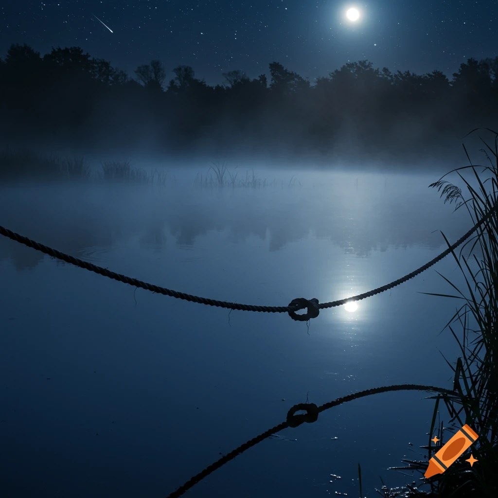 A serene night landscape with a full moon reflecting on a misty lake. Silhouetted trees line the far bank under a starry sky, with two ropes in the foreground.