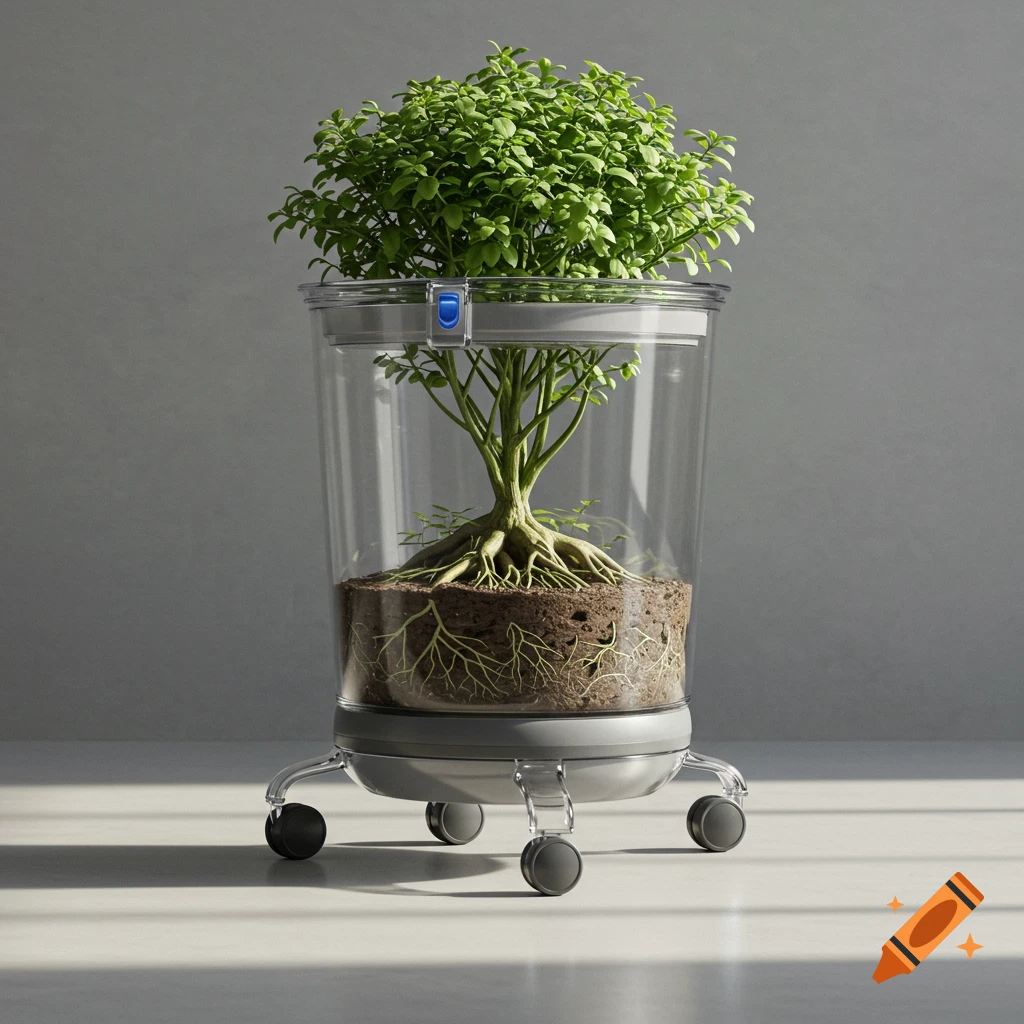 A small green plant with exposed roots in a transparent pot on a grey wheeled stand, in a photorealistic rendering.