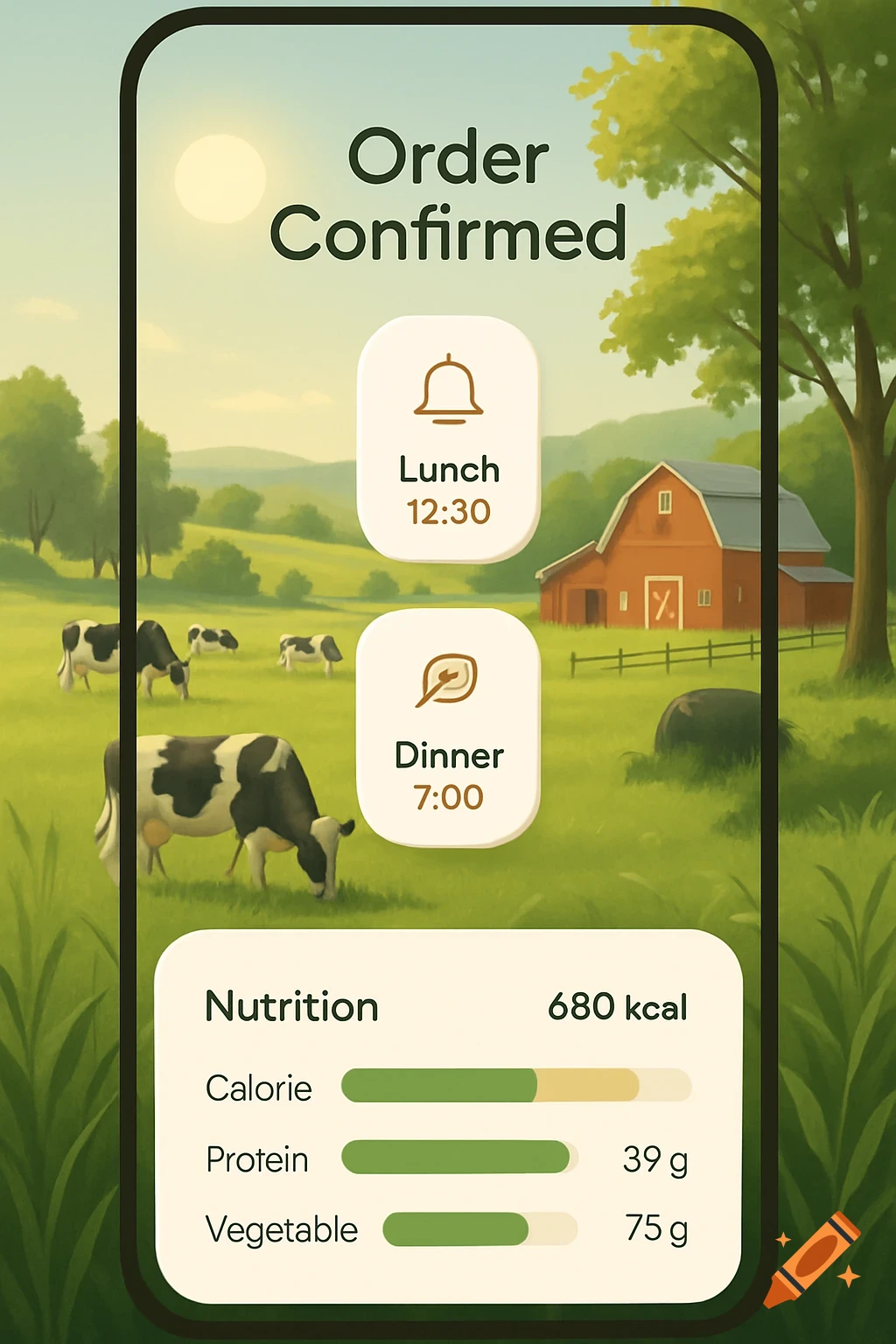 Mobile app interface showing confirmed food order, meal times, and nutrition facts, over an illustration of a sunny farm with cows and a barn.